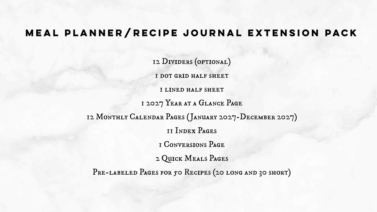 Recipe Journal Extension Pack, 51 Pages + 12 Optional Dividers, 2027 Meal Planner Calendars, Recipe Binder, Cook Book, Classic Happy Planner