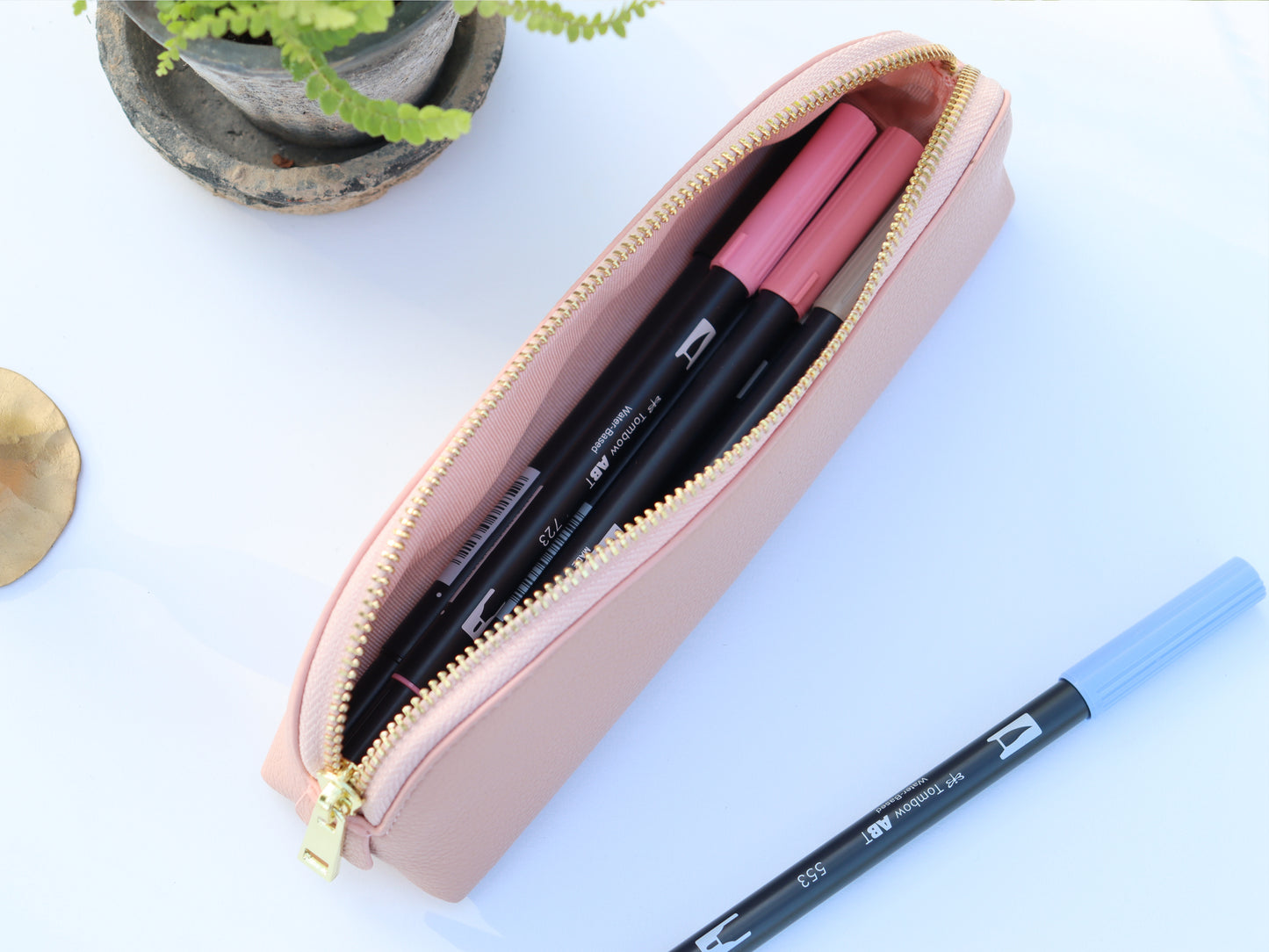 Pencil Case, Pink, Gold Zipper, Pen Storage, Vegan Leather, Pouch for Bible Highlighters and Tombow Brush Pens, Travel Makeup Bag, Gift