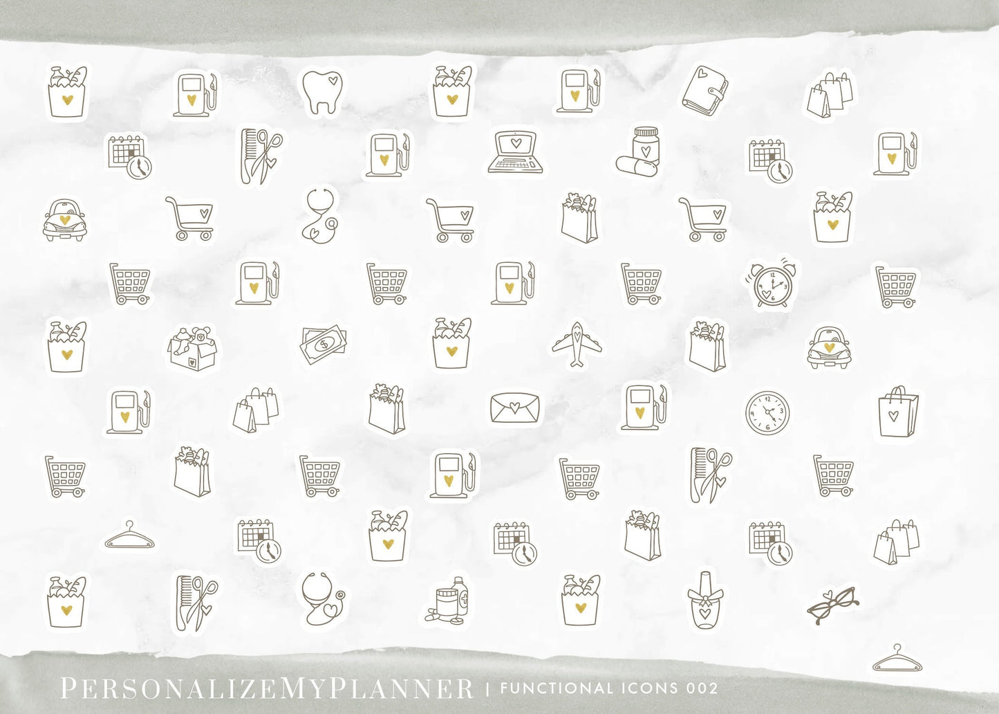 Functional Planner Icon Stickers, 64 Stickers, errands, appointment, gas, shopping cart, grocery store, dentist, doctor, shopping