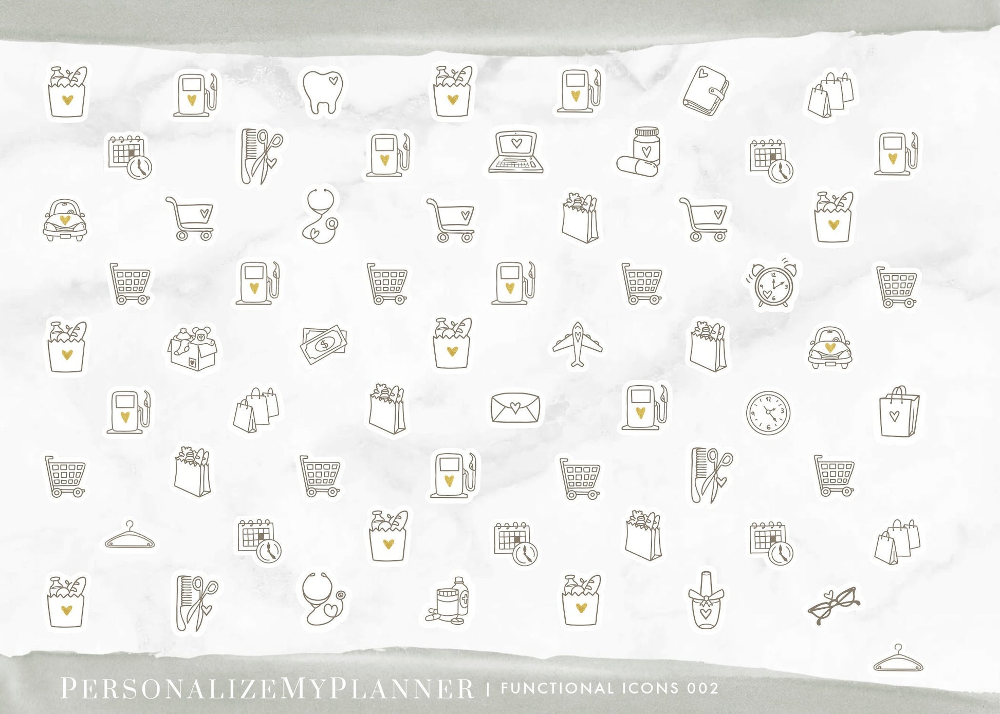 Functional Planner Icon Stickers, 64 Stickers, errands, appointment, gas, shopping cart, grocery store, dentist, doctor, shopping