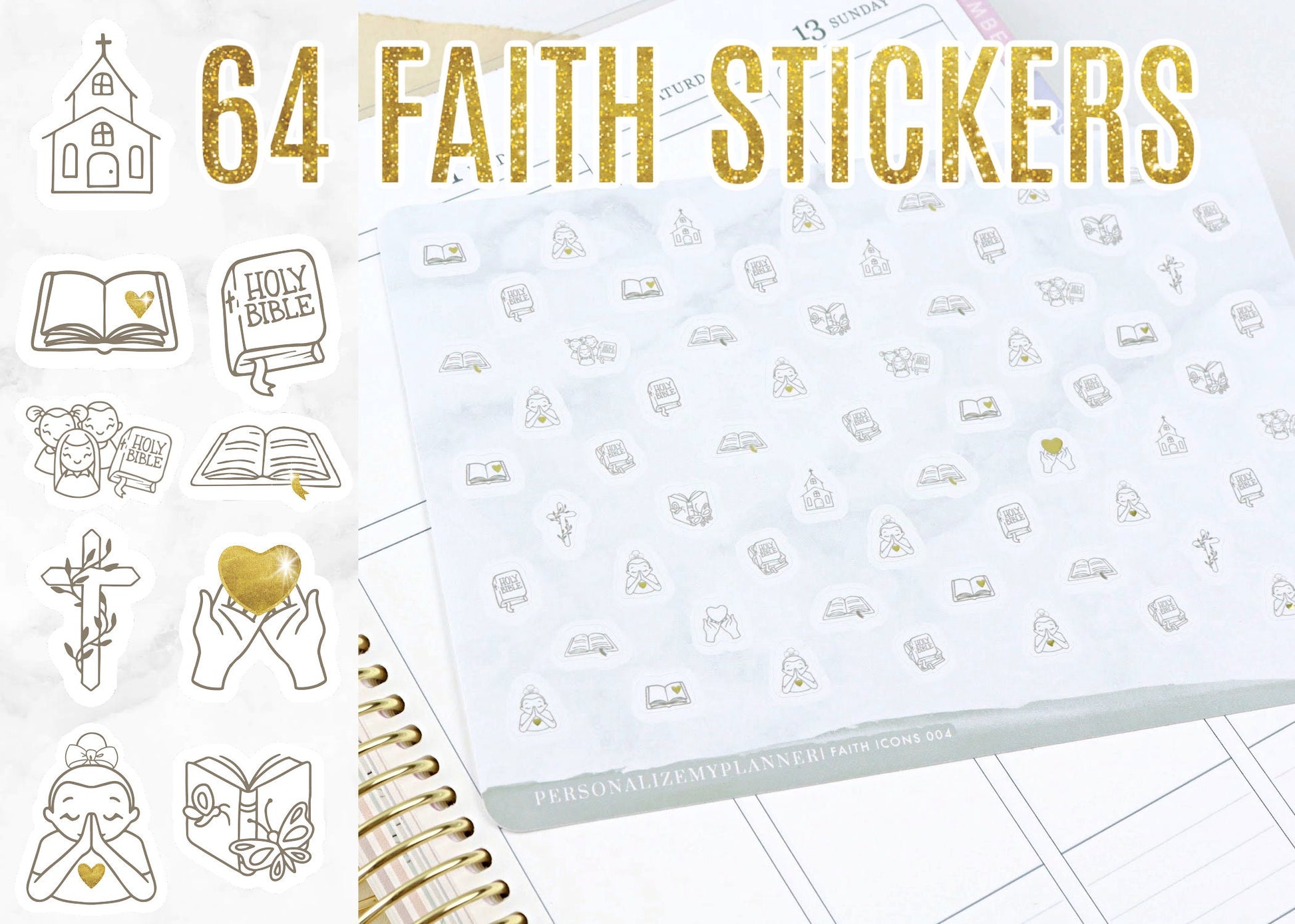 Faith Planner Stickers, 64 Stickers, Gold Foiling, Daily Faith Planner, Christian a5 planner, Happy Planner printed, Biblestudy gift