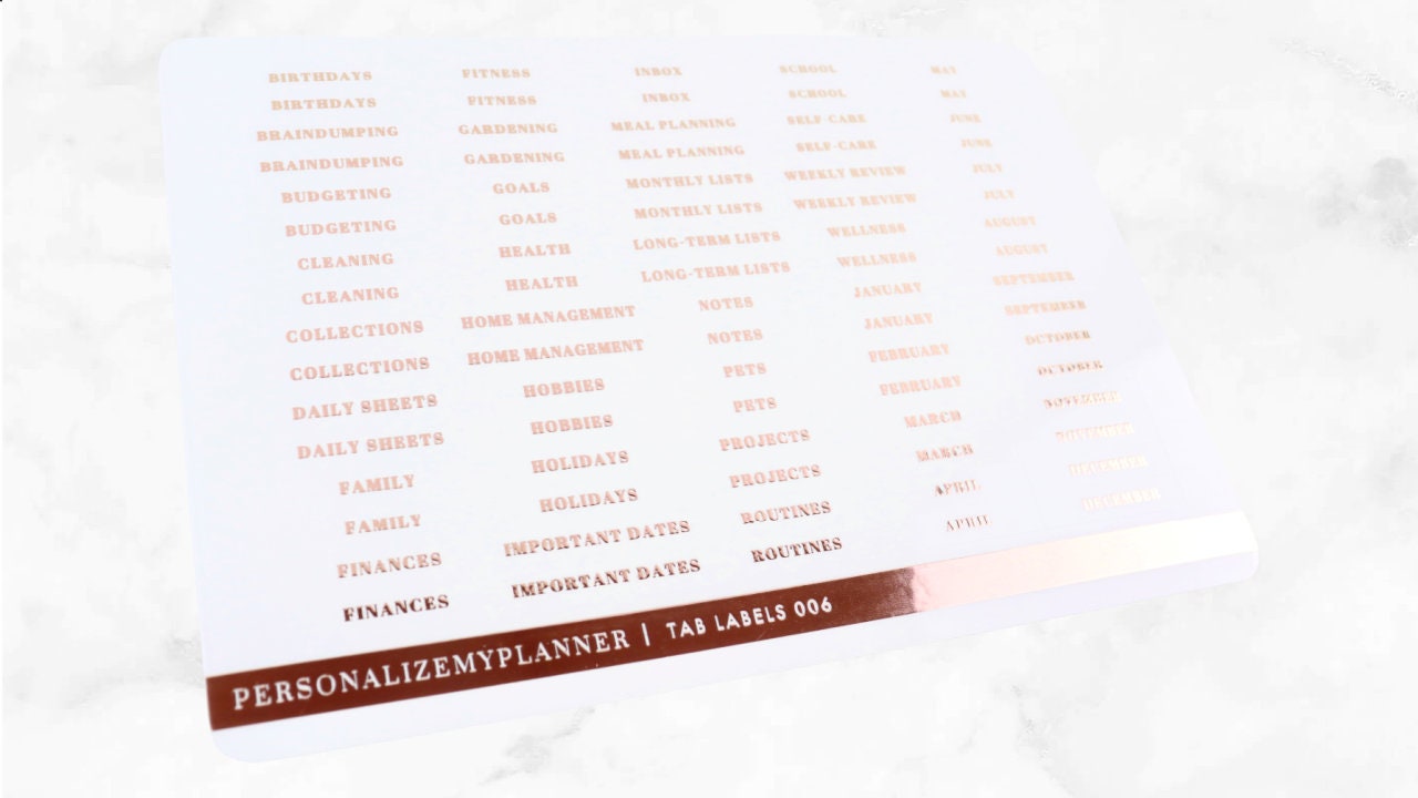 Labels, 80 ROSE GOLD Planner Divider Labels, Clear Stickers, Tab Labels, Projects, Budgeting, Months, Cleaning, Meal Planning, Happy Planner