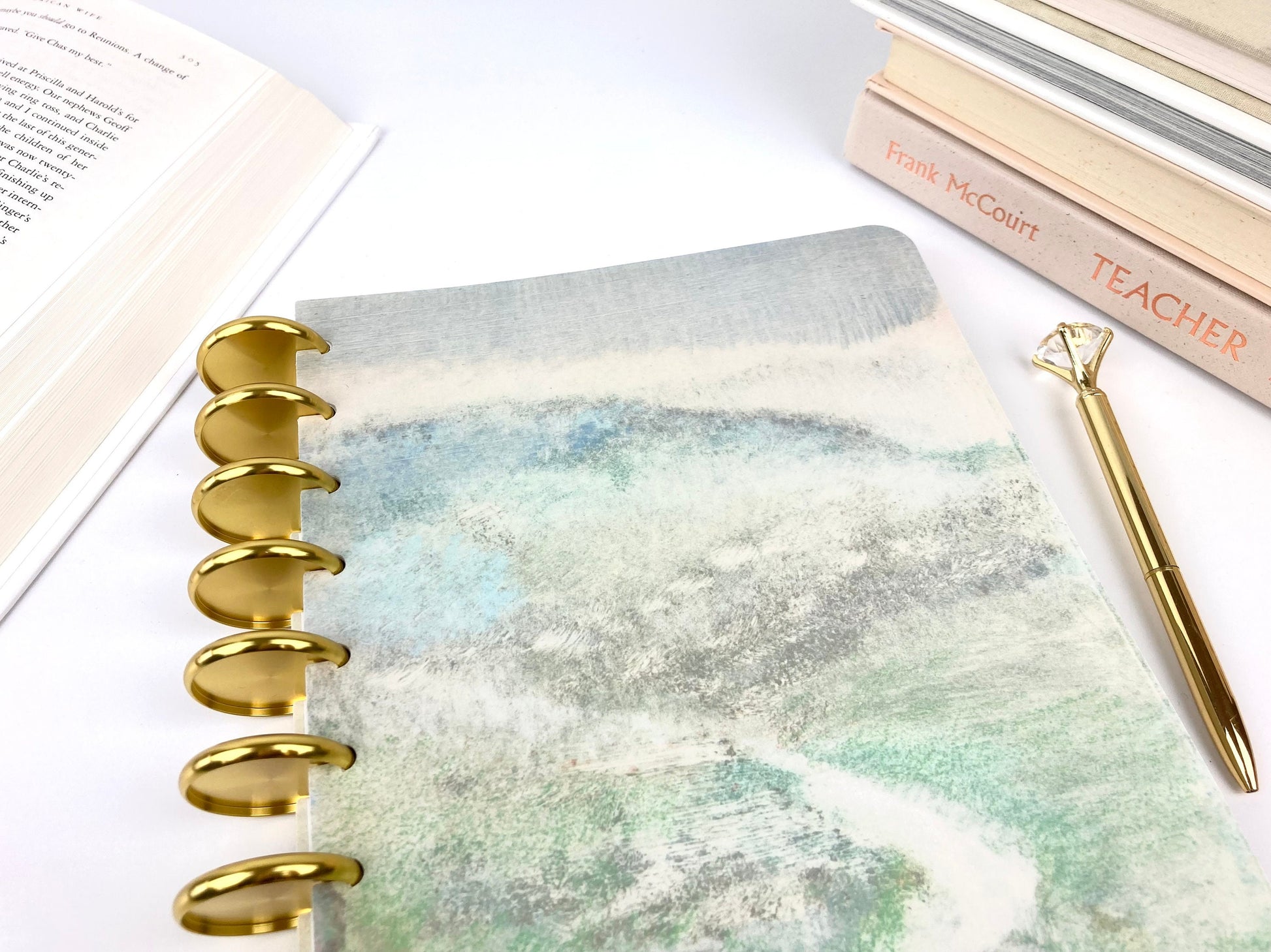 Deluxe Dot Grid Notebook, Rose Gold, Copper, Gold Discs, Misty Landscape, Book Notes, Bullet Journal, Reading Journal, Classic Happy Planner