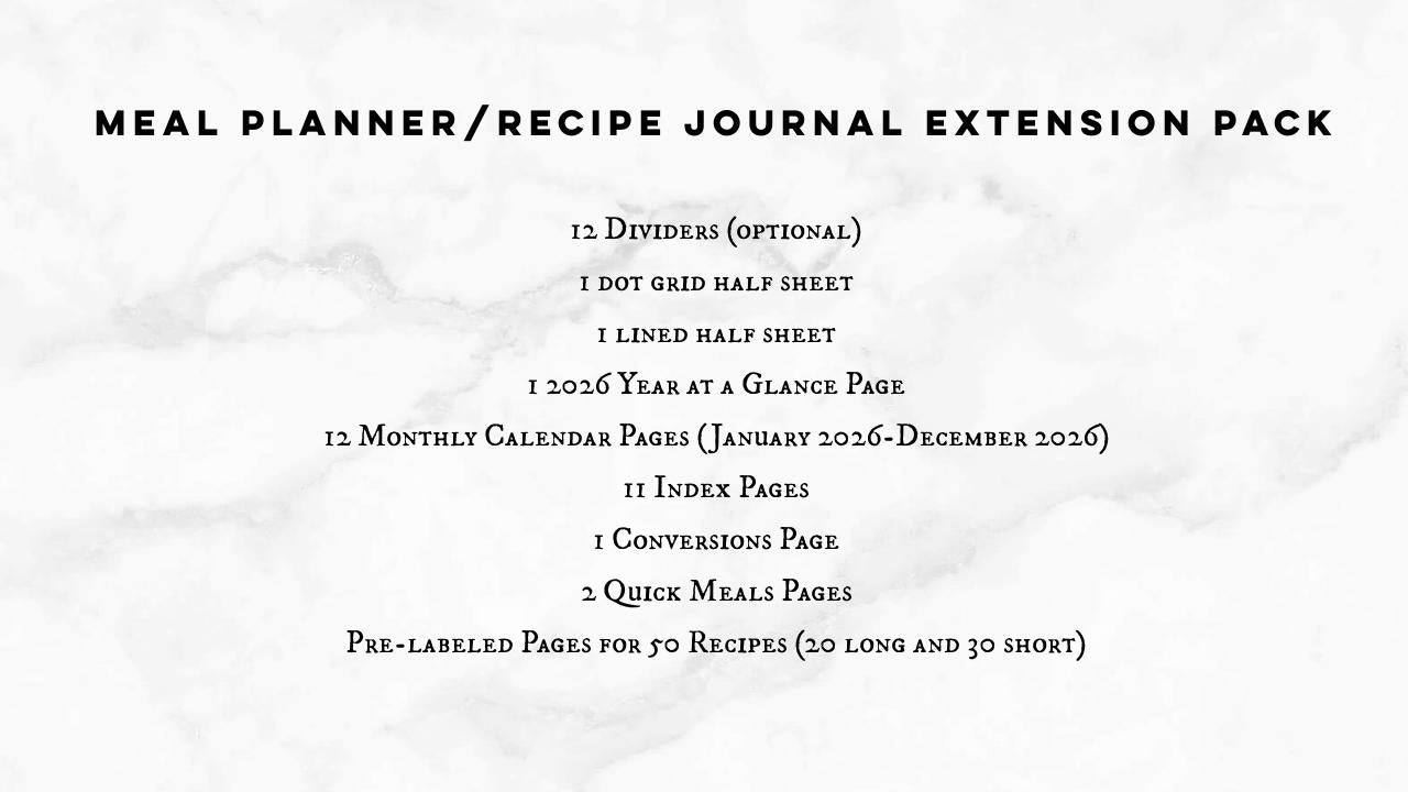 Recipe Journal Extension Pack, 51 Pages + 12 Optional Dividers, 2026 Meal Planner Calendars, Recipe Binder, Cook Book, Classic Happy Planner