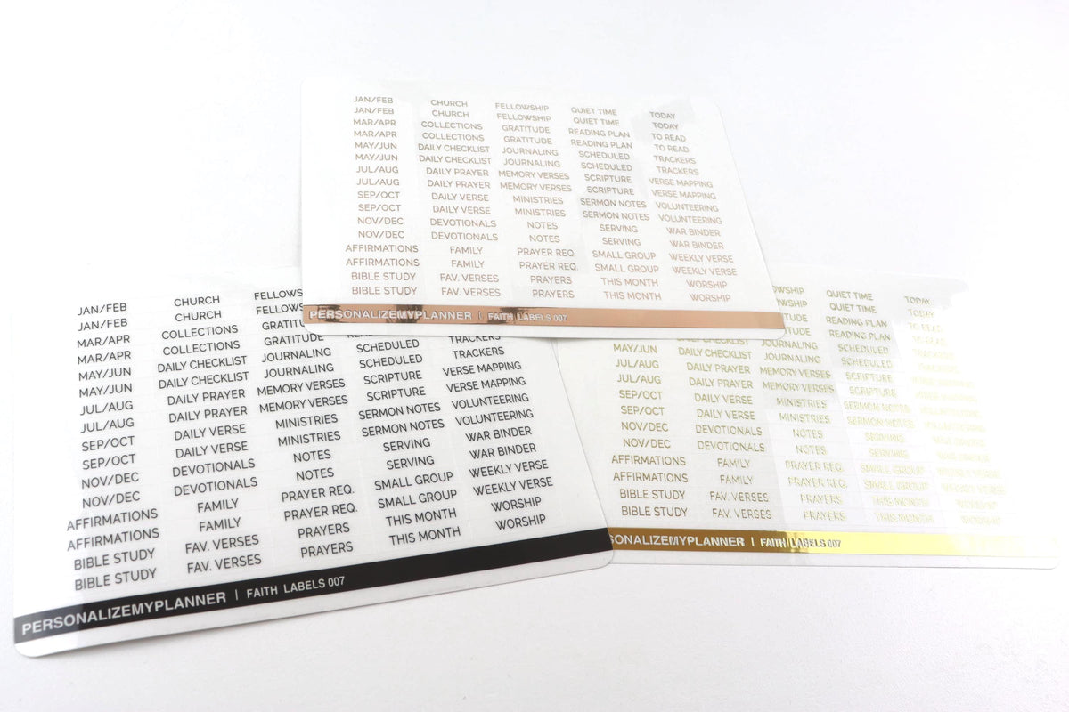 80 Faith Planner Clear Divider Labels, Rose Gold, Gold, or Black Labels, Faith Journal, War Binder, Bible Study, Prayers, Church, Scripture
